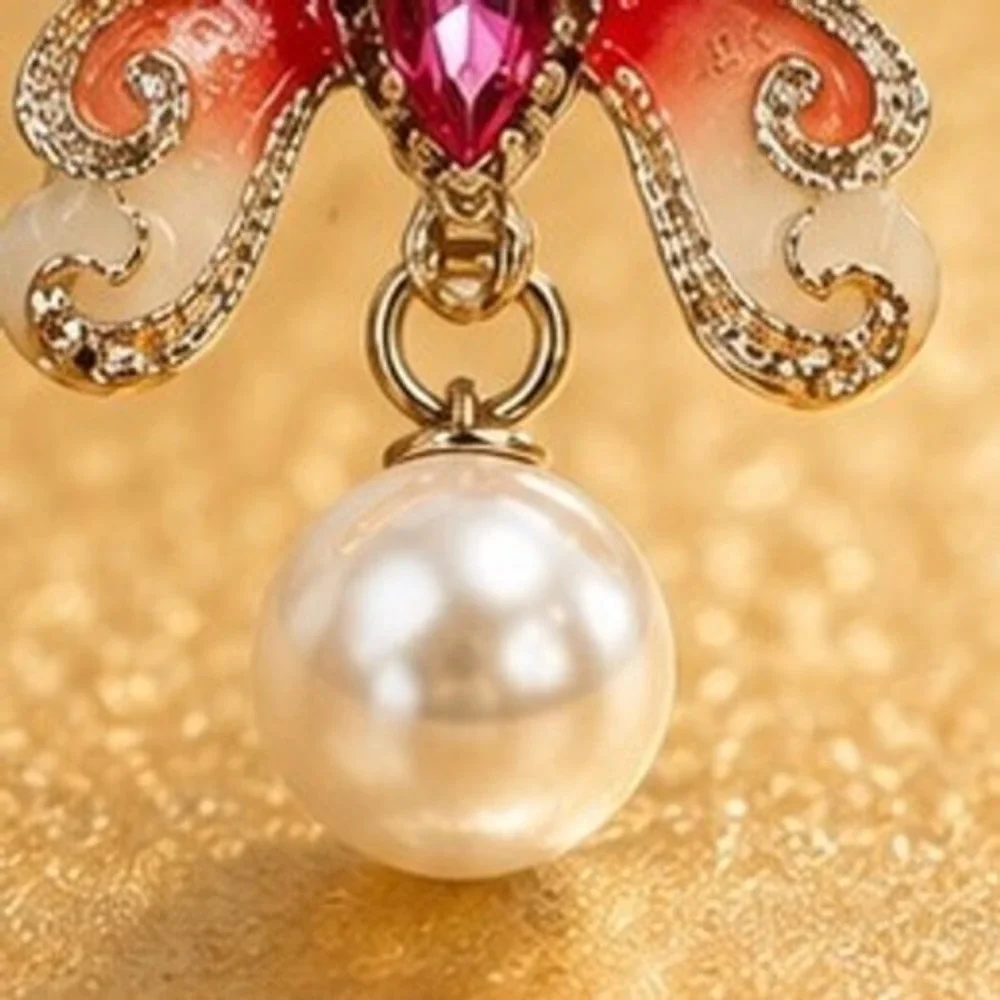 Enamel Butterfly Brooch Gold Tone Filigree Red Crystal Dangle Pearlescent Pin